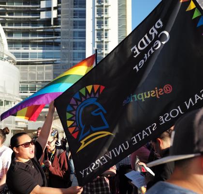 菠菜网lol正规平台 students holding Pride Center banner